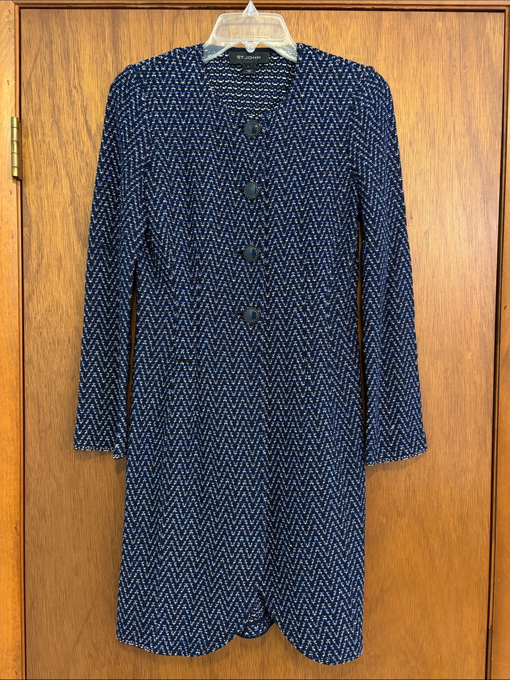 St John Tweed Knit Long Duster Jacket Black Blue Size 2